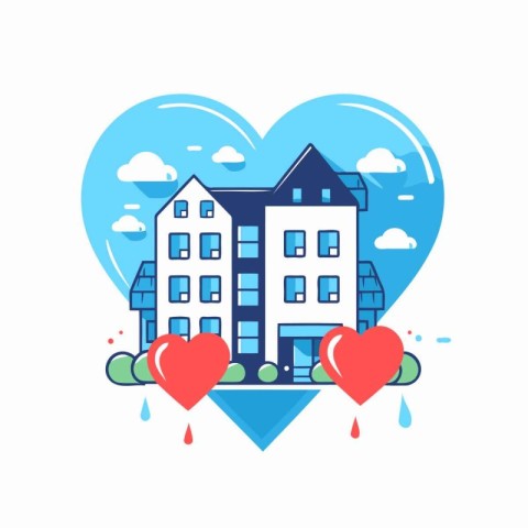 Vector illustration of house in heart shape with clouds and hear