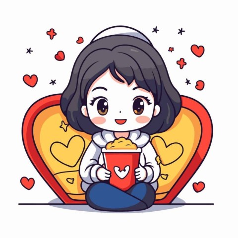 Cute little girl eating popcorn in heart box. Vector illustratio