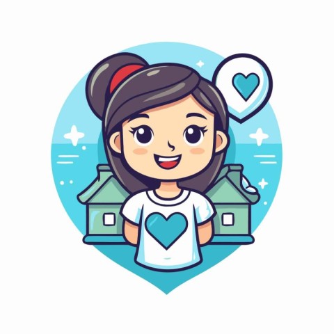 Cute little girl with heart and house. Vector character illustra