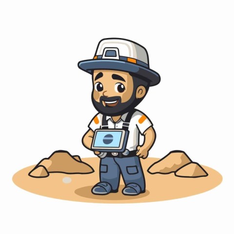 Miner with a Tablet PC - Vector Cartoon Character IllustrationÃ