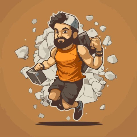 Hipster running through a stone wall. Vector cartoon illustratio