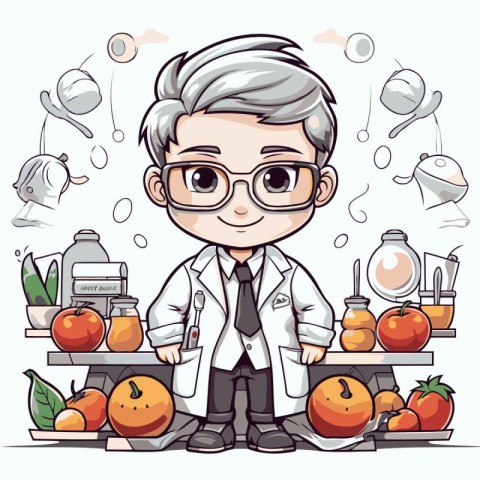 Cute little boy in science lab coat and glasses. Vector illustra