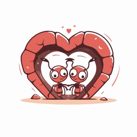 Cute cartoon heart with worm and caterpillar. Vector illustratio