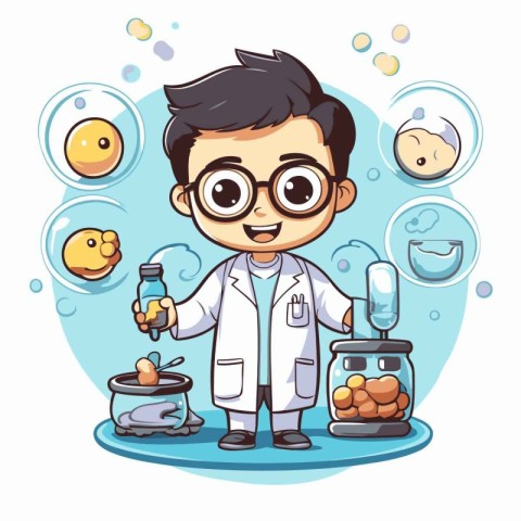 Cute boy scientist in lab coat and glasses cartoon vector illust