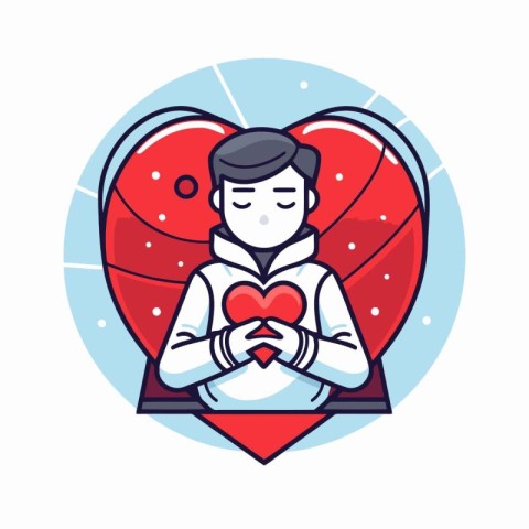 Vector illustration of a man holding a red heart in his hands.