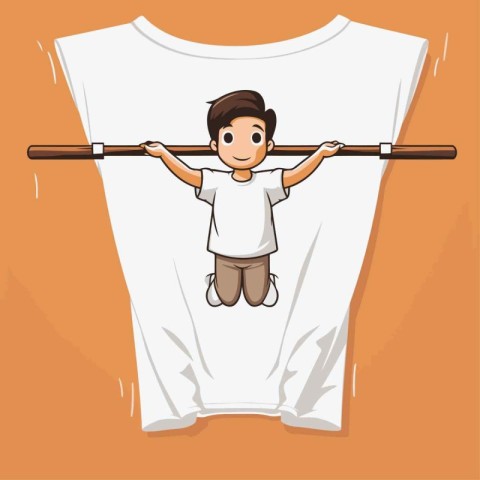 Boy doing pull-ups on white t-shirt. Vector illustration.