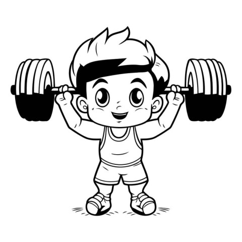 Fitness boy lifting weights - Black and White Cartoon Illustrati