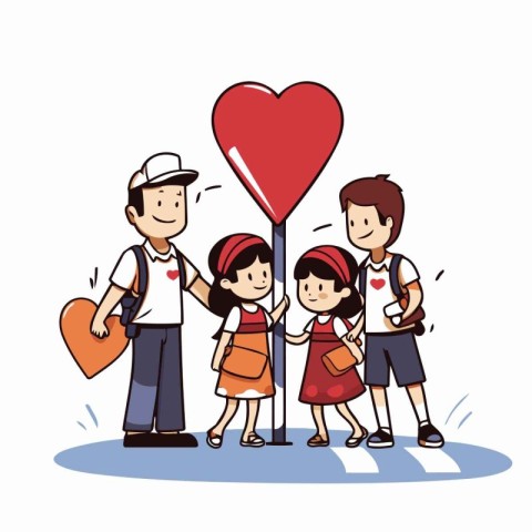 Happy family with children and heart shaped sign vector illustra