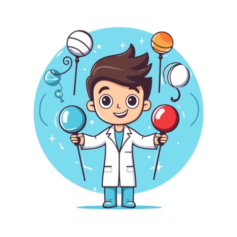 Cute boy dressed as a doctor holding a balloon. Vector illustrat