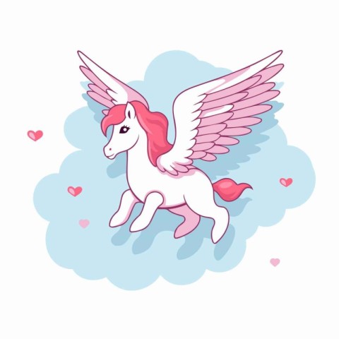 Unicorn with wings and hearts. Vector illustration in cartoon st