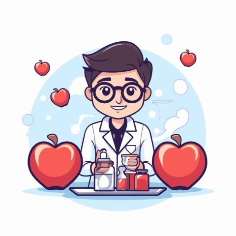 Vector illustration of a boy in a lab coat and glasses holding a