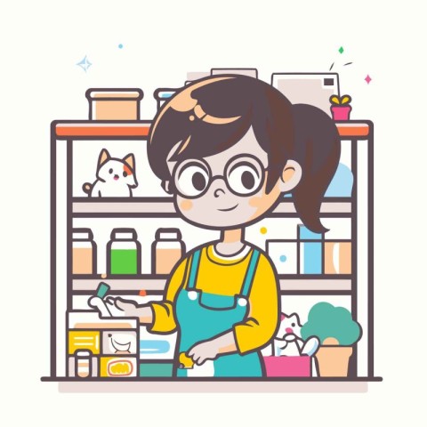 Cute little girl cleaning the house. Vector illustration in flat