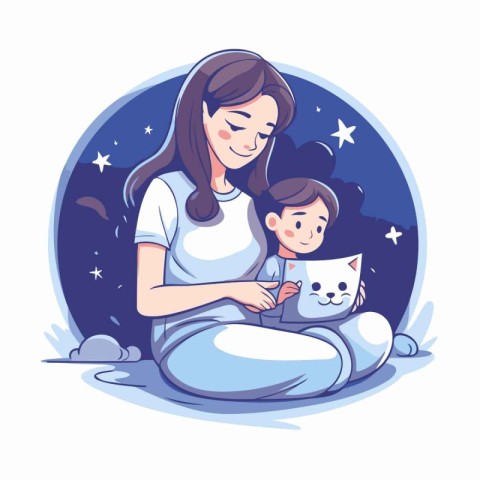 Mother and son reading a book in the night. Vector illustration.