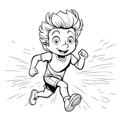 Running Kid - Black and White Cartoon Illustration of a Kid Runn