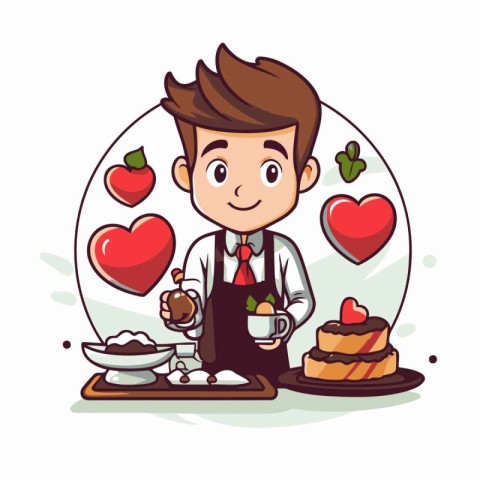 Cute cartoon boy with cake and a cup of coffee. Vector illustrat