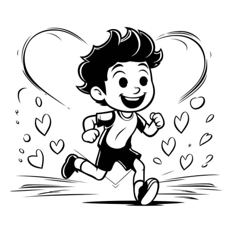 Little boy running in the rain. Black and white vector illustrat