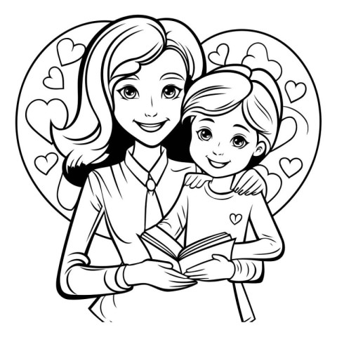 Mother and daughter reading a book. Black and white vector illus