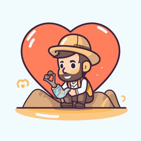 Farmer holding a shovel and watering a heart. Vector illustratio