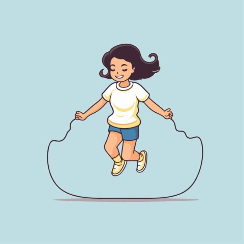 Cute little girl running in the air. Vector cartoon illustration