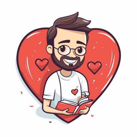 Man reading a book in a red heart. Vector cartoon character illu