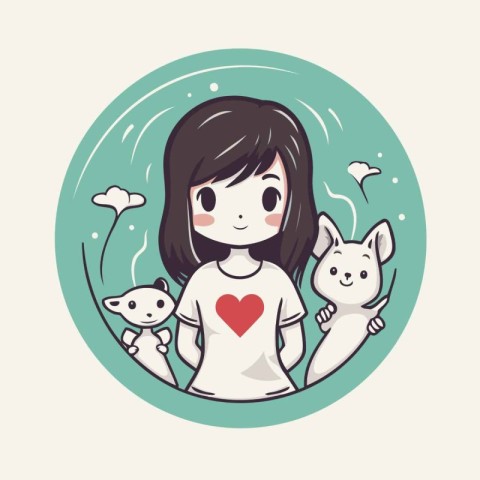 Cute little girl with cat and bird in circle. Vector illustratio