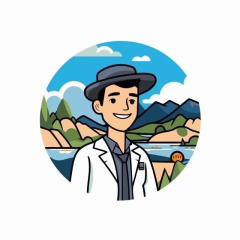 Man in white coat and hat. Vector illustration in flat style.