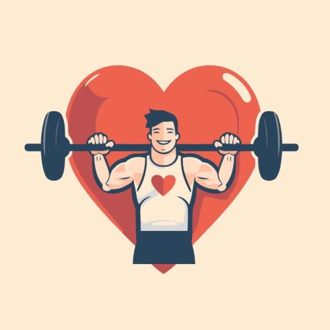 Vector illustration of a man lifting a barbell in front of a hea