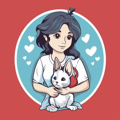 Vector illustration of a cute girl with a rabbit in her hands.