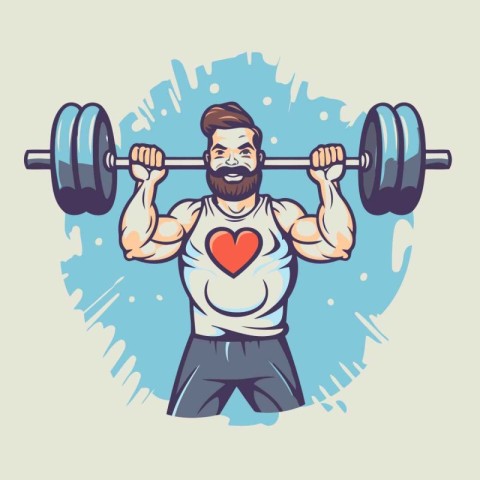 Vector illustration of a bearded man lifting a barbell with a re