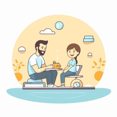 Man and woman sitting on the floor and drinking tea. Vector illu