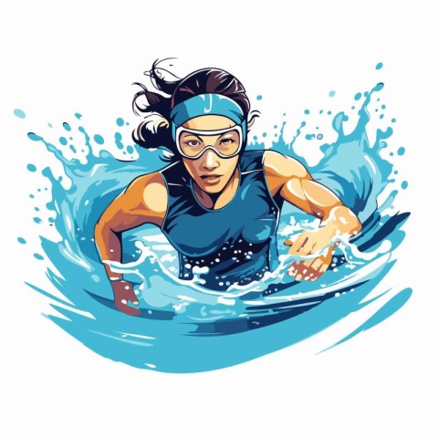 Swimming woman in sportswear and glasses. Vector illustration.