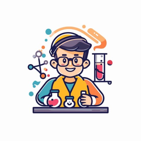 Scientist man working in laboratory. Vector illustration in thin