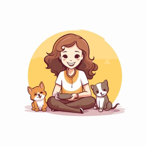 Cute cartoon girl sitting with her dog and cat. Vector illustrat