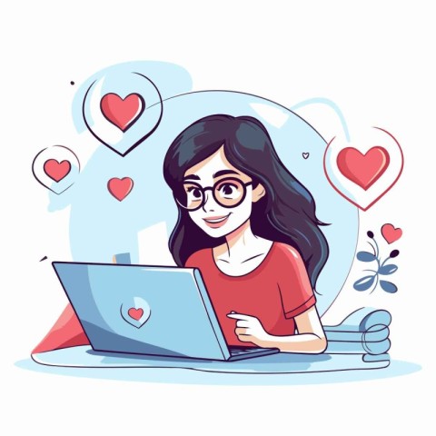 Girl using laptop computer. Vector illustration in cartoon style