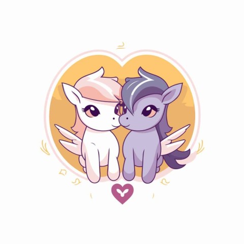 Cute cartoon couple of little unicorns in love. Vector illustrat