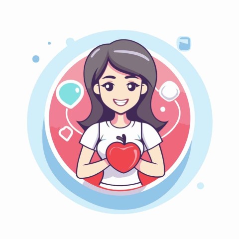 Cute girl holding a red heart. Vector illustration in cartoon st