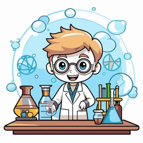 Boy scientist in the laboratory. Vector illustration of a cartoo