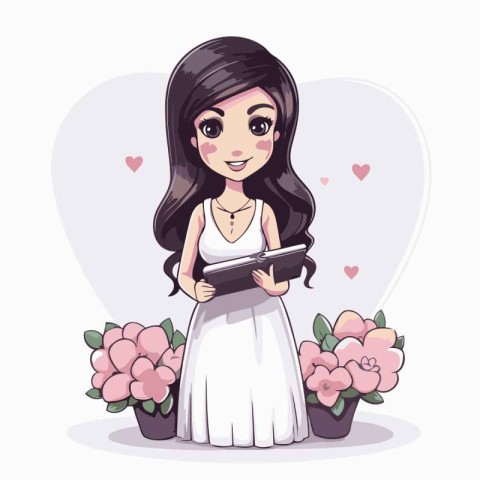 Beautiful girl with tablet and flowers. Vector illustration in c