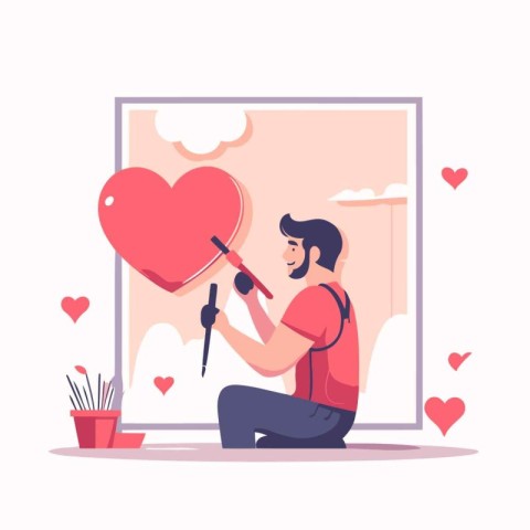 Man singing into microphone and holding heart. Vector illustrati