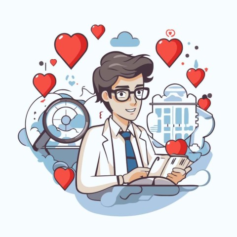 Vector illustration of a doctor with a laptop in his hands and a