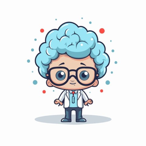 Cartoon scientist wearing glasses and blue hair. Vector characte