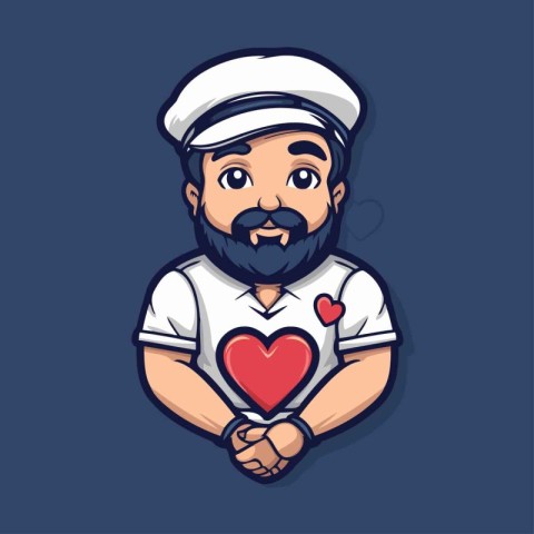 Sailor with a beard and mustache holding a heart. Vector illustr