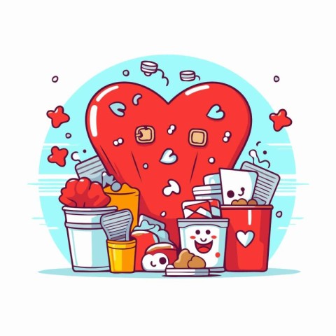 Vector illustration of a heart in the trash. Cute cartoon charac