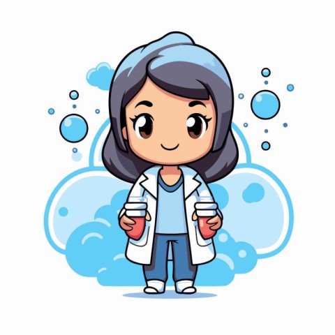 Cute girl in lab coat holding test tube. Vector illustration.