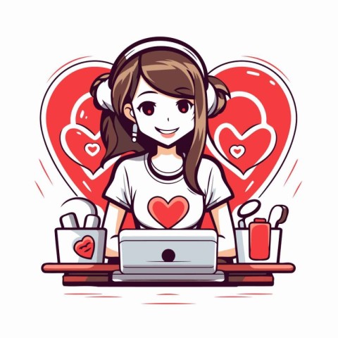 Cute girl with laptop and headphones. Vector illustration in car