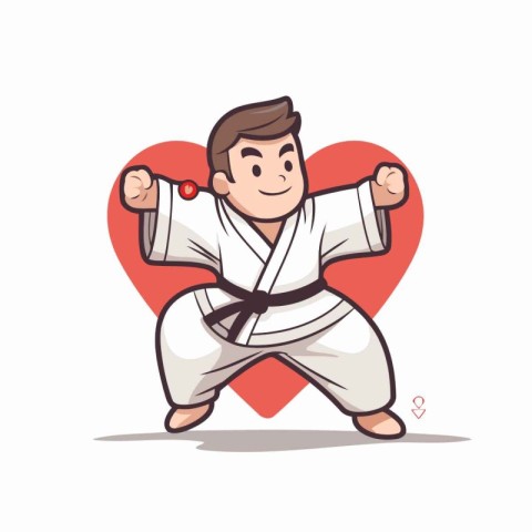 Karate man in kimono with red heart. Vector illustration.