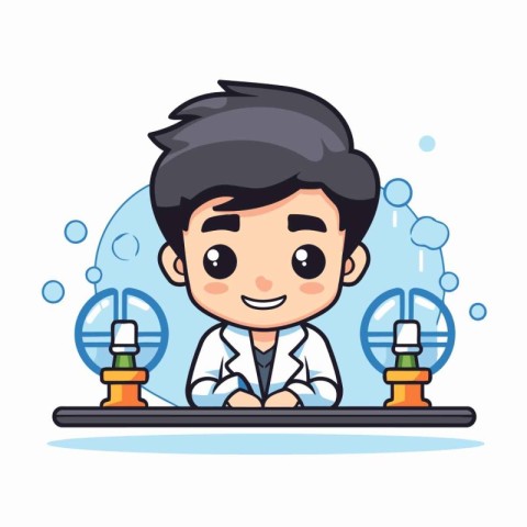 Cute cartoon scientist in laboratory. Vector illustration. Scien