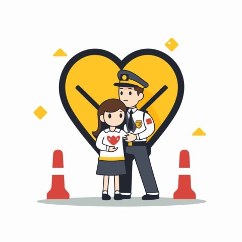 Policeman with girl in heart shape vector illustration. Flat des