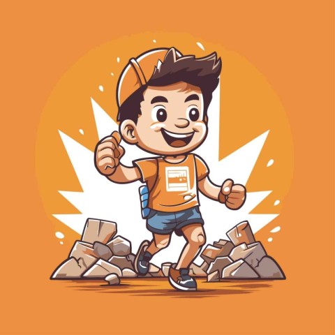 Cartoon little boy running with a lot of rocks. Vector illustrat