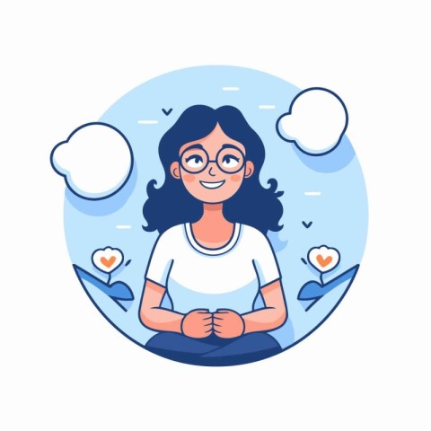 Smiling woman sitting in lotus position and meditating. Vector i